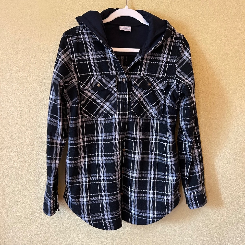 Columbia‎ Black Plaid Hooded Lined Button Up Women's Small Long Sleeve